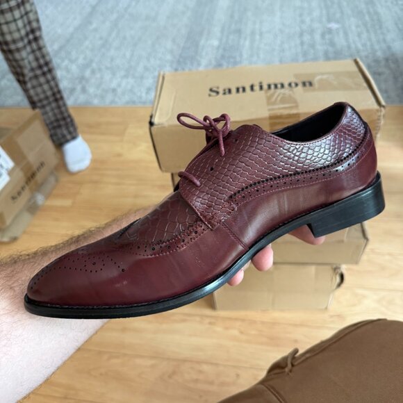 Santimon Men's US 7 - 11 Red Derby Crocodile Pattern Pointed Toe Brogue Shoes - Picture 7 of 12